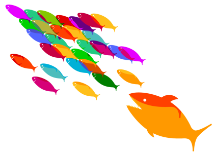 School of small fish escaping large predator fish cartoon