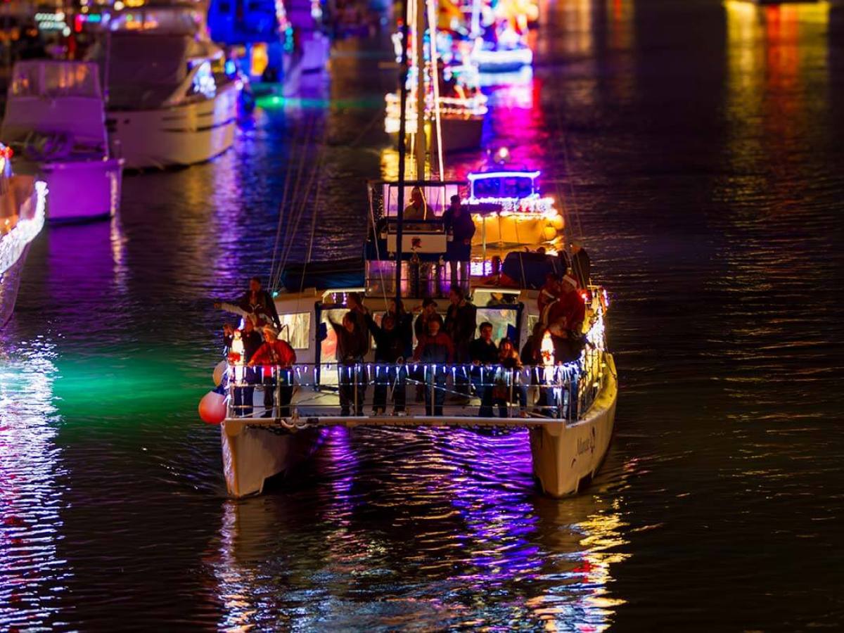 Catamaran Manute'a celebrates the holidays in the Dana Point Harbor Boat Parade of Lights