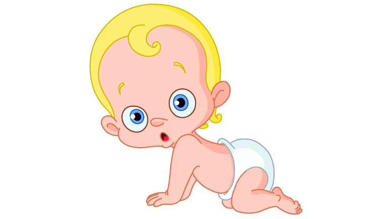 Blonde, Blue Eyed Baby Crawling in a Diaper