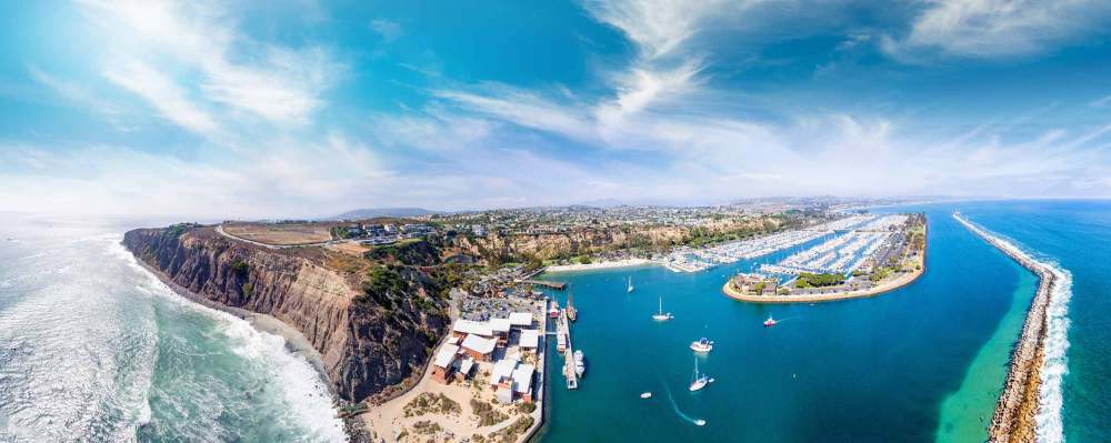 Panoramic aerial view of Dana Point Harbor and the Headlands
