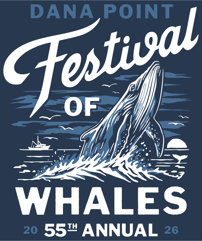 Festival poster with a leaping whale illustration and text reading 'Dana Point Festival of Whales, 55th Annual'.