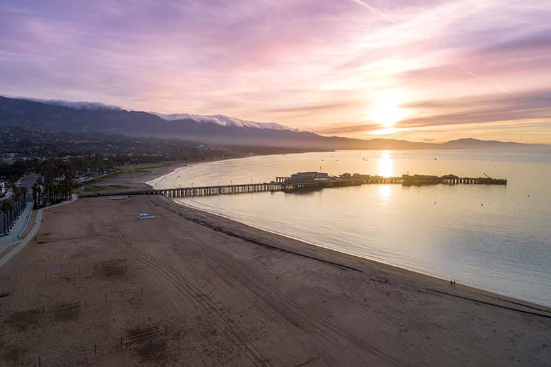Drone view of beach at sunrise near Santa Barbara, California