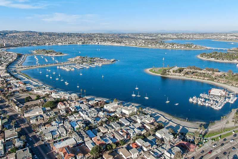 Mission-Bay-Aerial Aerial view of Mission Bay in San Diego during whale watching season