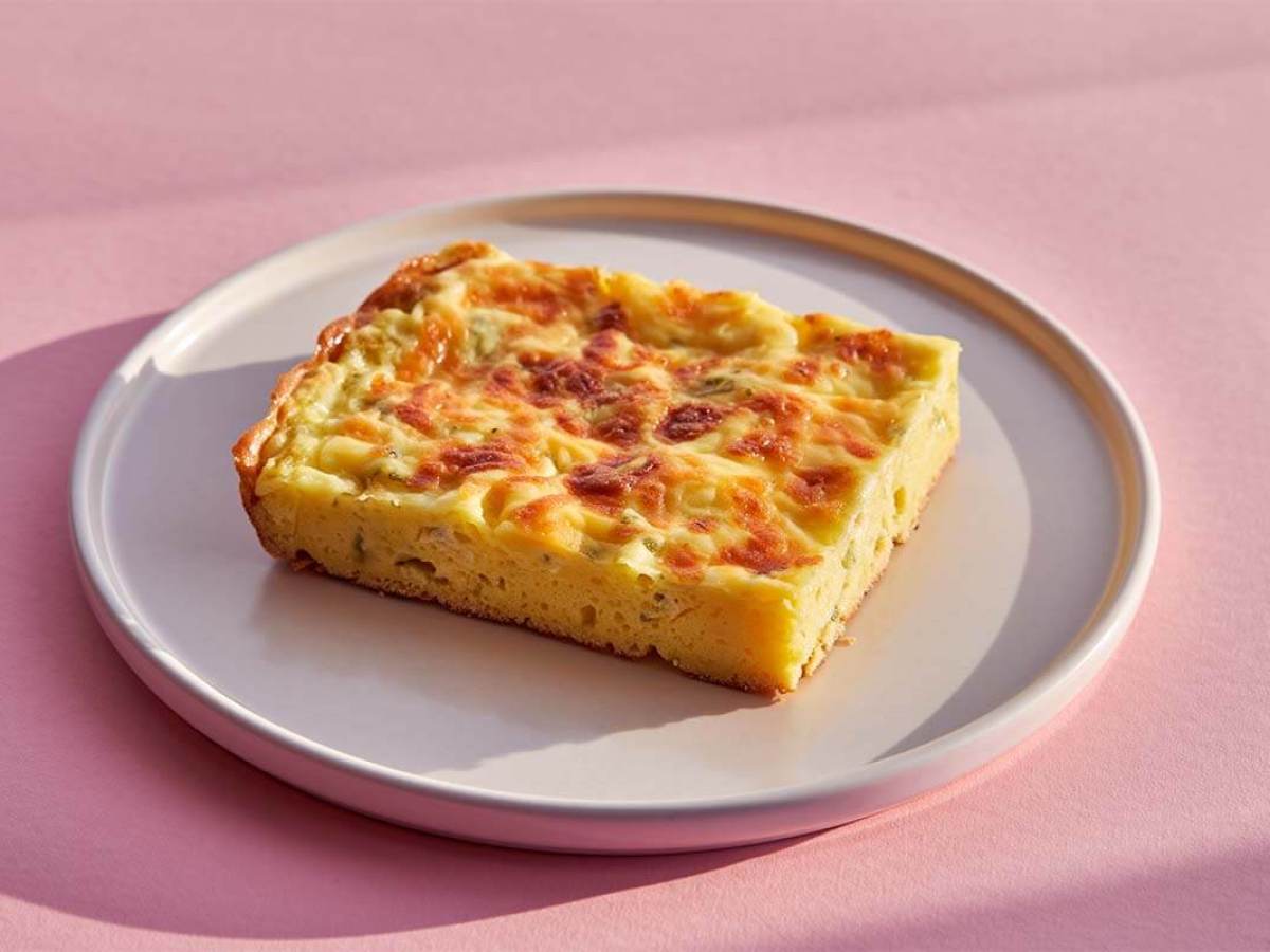 Slice of egg and cheese frittata on a white plate, set on a pink background.