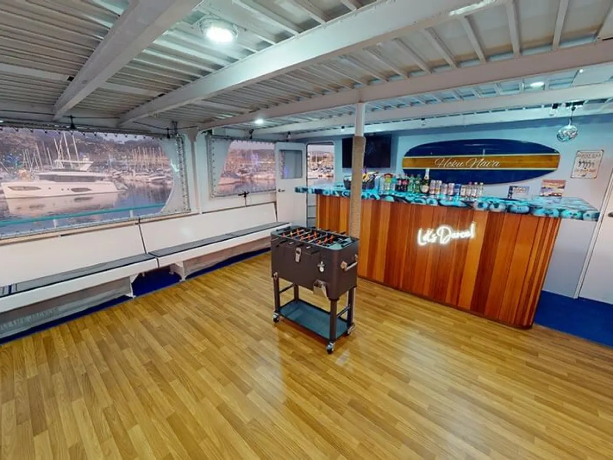 Bar and dance floor on observation deck of Hoku Nai'a Whale Watching Power Catamaran off the coast of Dana Point, CA