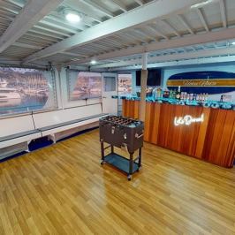 Bar and dance floor on observation deck of Hoku Nai'a Whale Watching Power Catamaran off the coast of Dana Point, CA