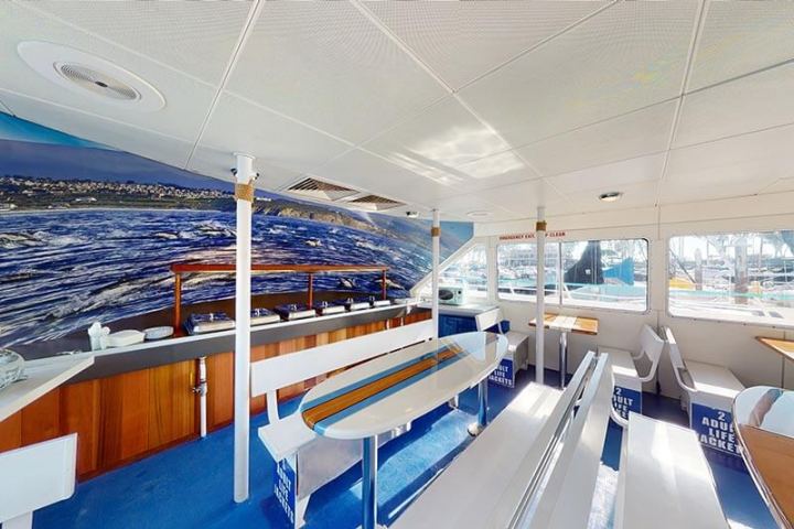 Buffet and bench seating with surfboard tables on main deck of Hoku Nai'a Whale Watching Power Catamaran off the coast of Dana Point, CA