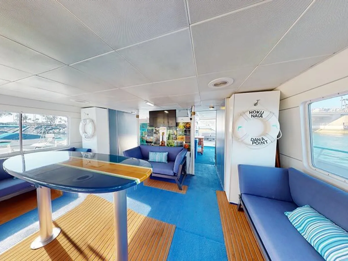 Sofas and surfboard table on main deck of Hoku Nai'a Whale Watching Power Catamaran off the coast of Dana Point, CA