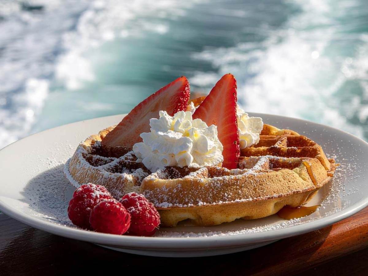 Waffle topped with strawberries, whipped cream, and raspberries on a plate by water.