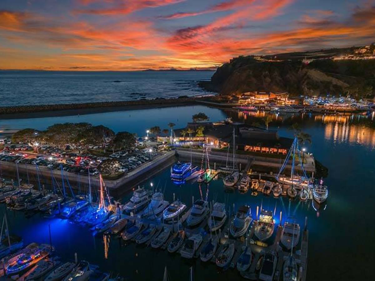 Aerial view of Dana Point Harbor at sunset