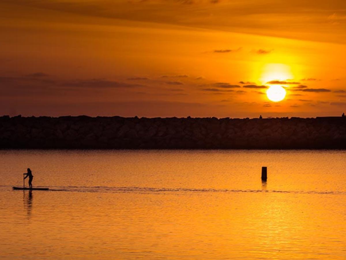 Standup paddleboarder at sunset during Dana Point Harbor boat cruise