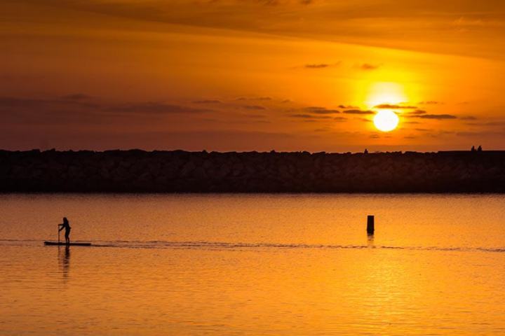 Standup paddleboarder at sunset during Dana Point Harbor boat cruise