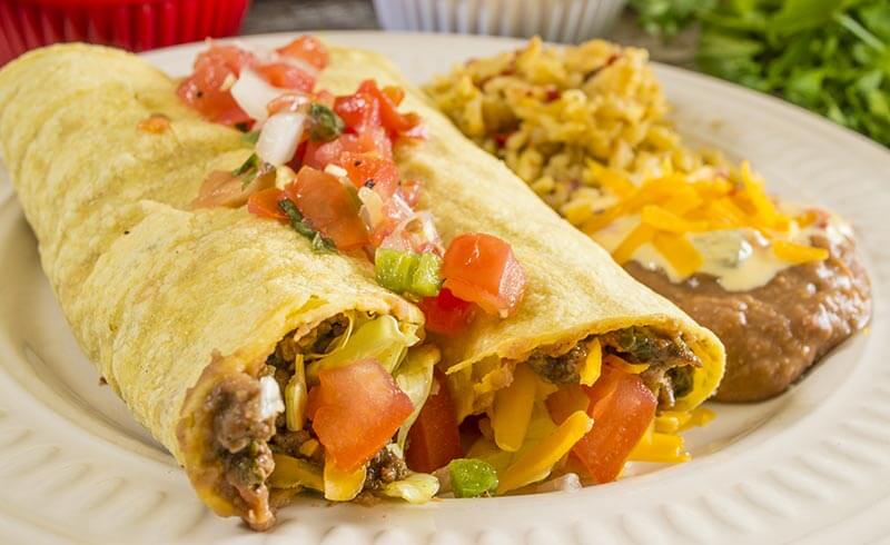 tacos-beans-rice Soft tacos, refried beans, and rice
