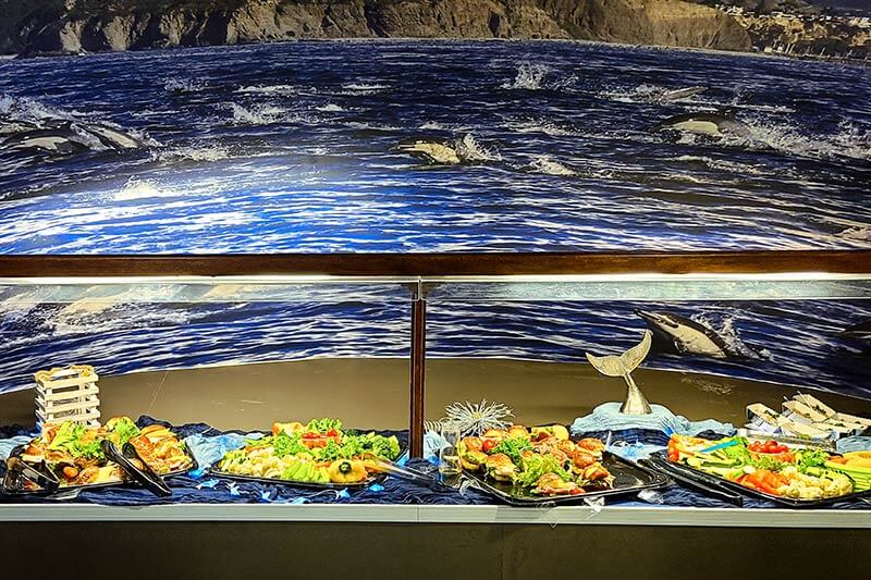 Food buffet on the main deck of party boat power catamaran Hoku Nai'a in Dana Point, California