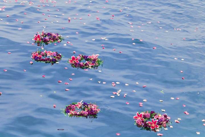 Four flower wreaths and flower petals float on the ocean's surface during a burial at sea