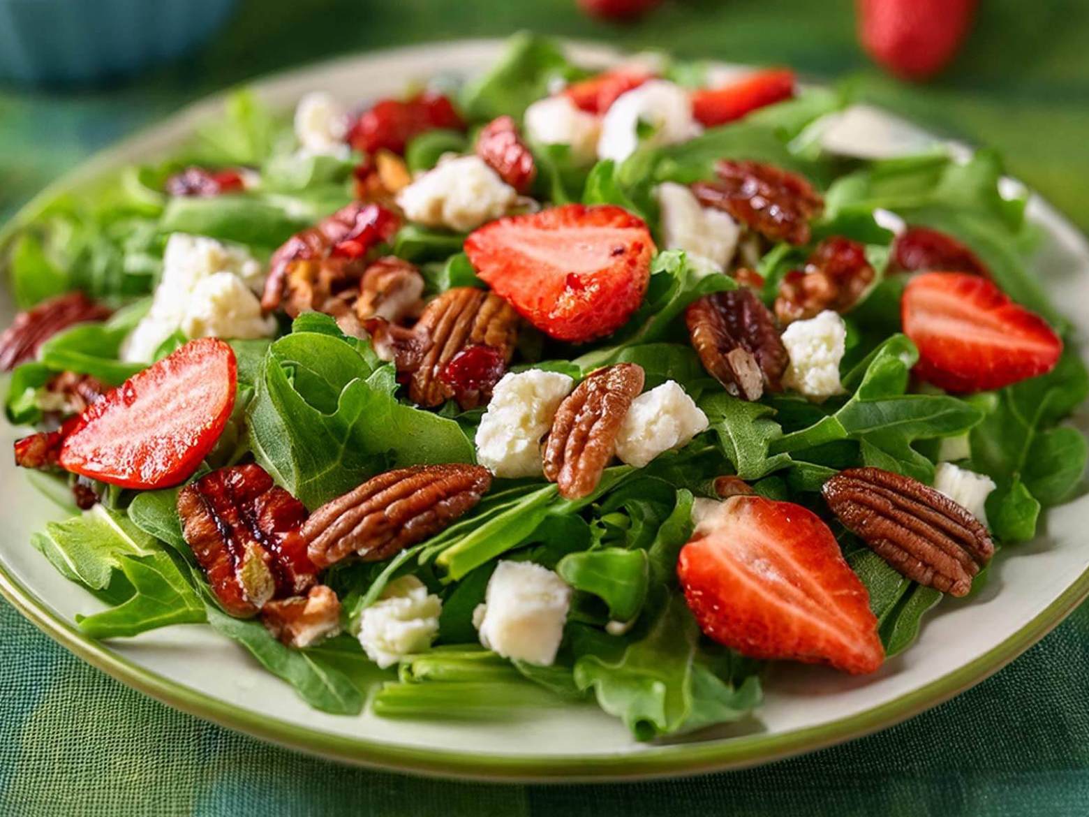 Close up concept of mixed greens salad with feta cheese, pecans, strawberries