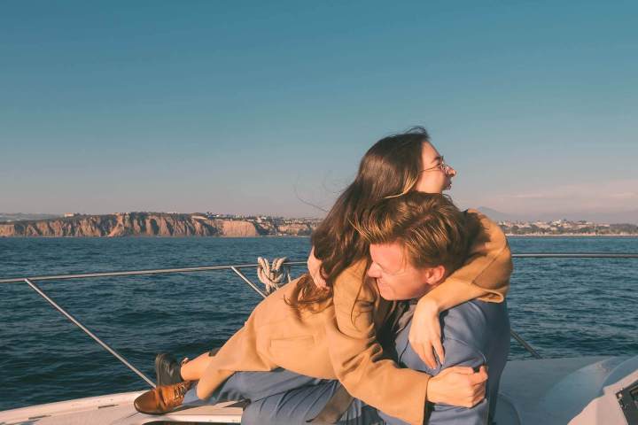 Marriage proposal at sea on a yacht off the coast of Dana Point, California