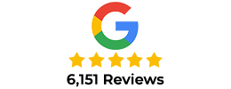 Google logo with five gold stars below it, indicating a high rating, and the number of reviews