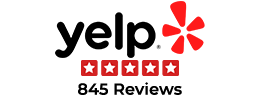 Yelp logo with five stars below it, indicating a high rating, and the number of reviews