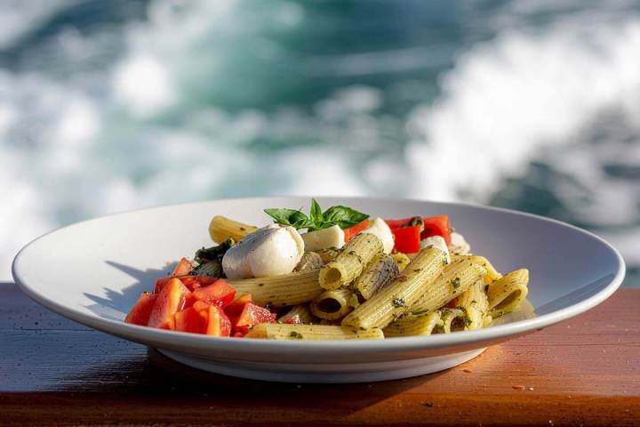 Plate of pesto pasta with tomatoes and mozzarella by the ocean.