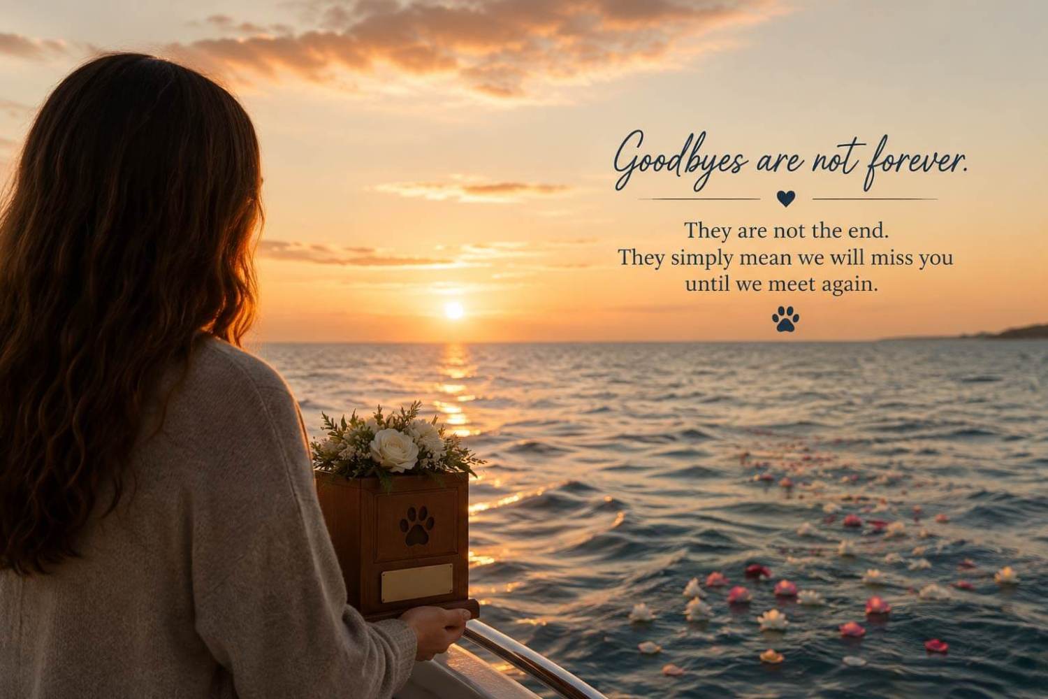 Person holding a pet urn on a boat, watching sunset over ocean with floating flowers and goodbye message during a pet memorial.